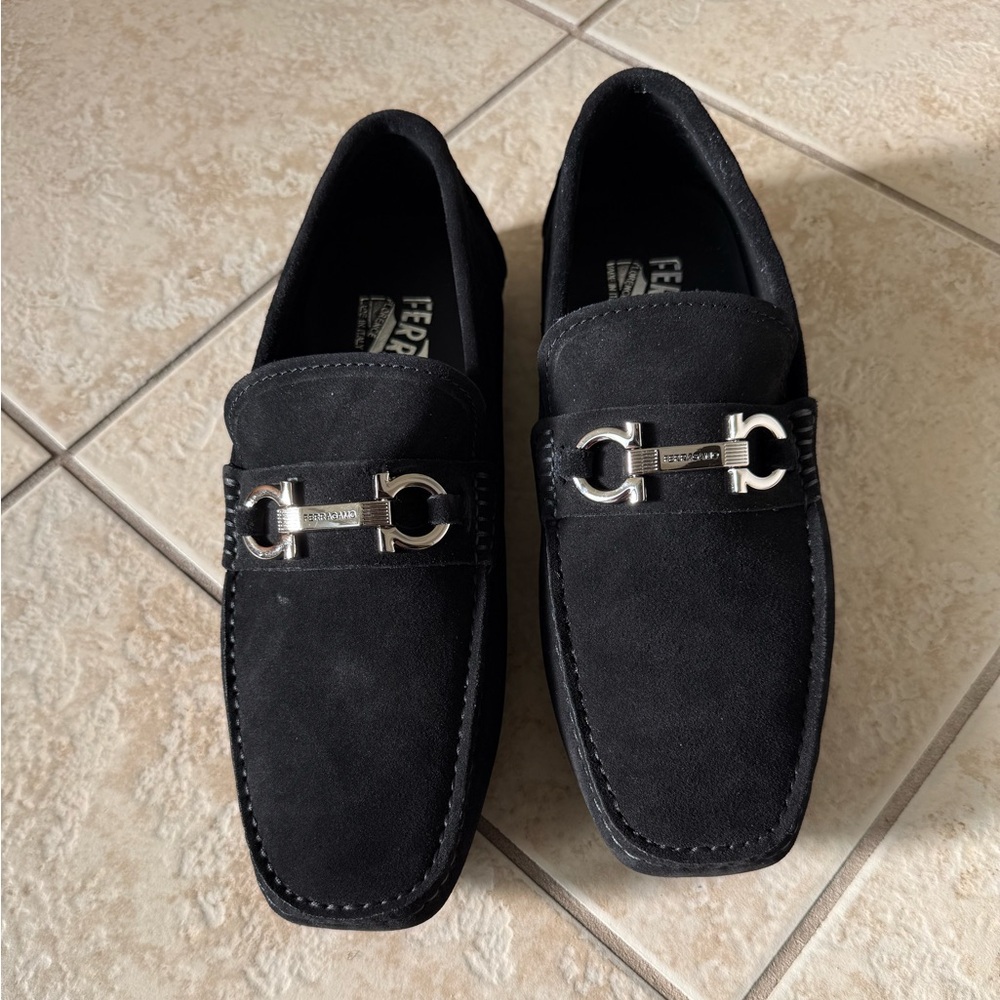 Salvatore Ferragamo Men's Suede Black Loafers with Silver Buckle